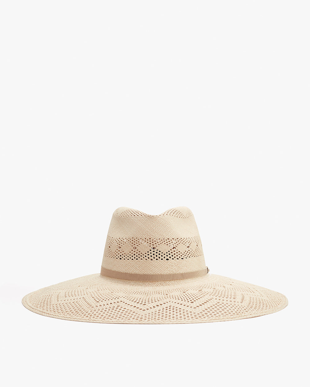Wide-brimmed woven sun hat with a perforated design