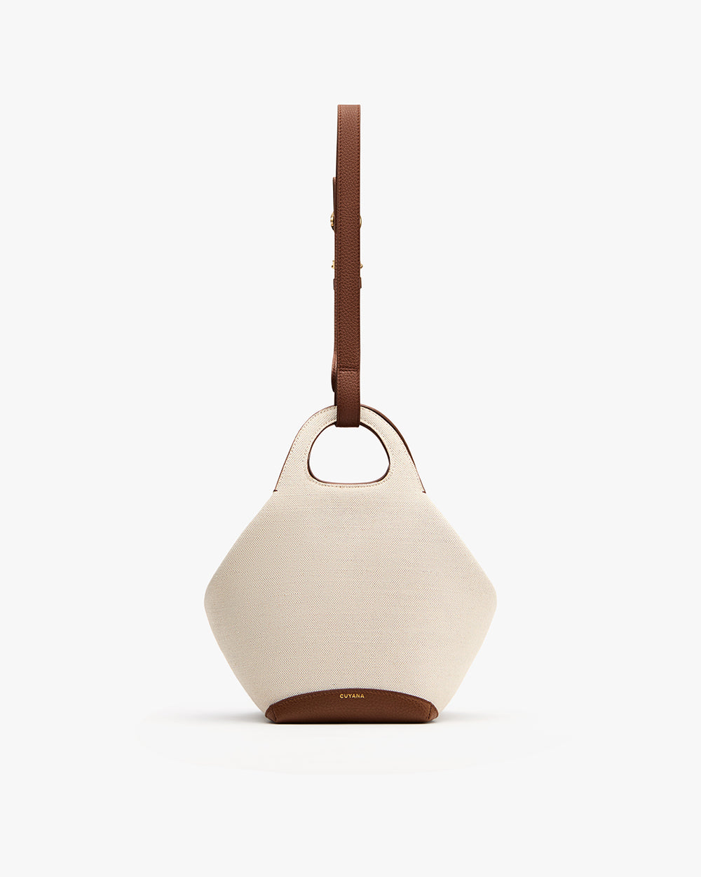 Handbag with a round handle and adjustable shoulder strap.
