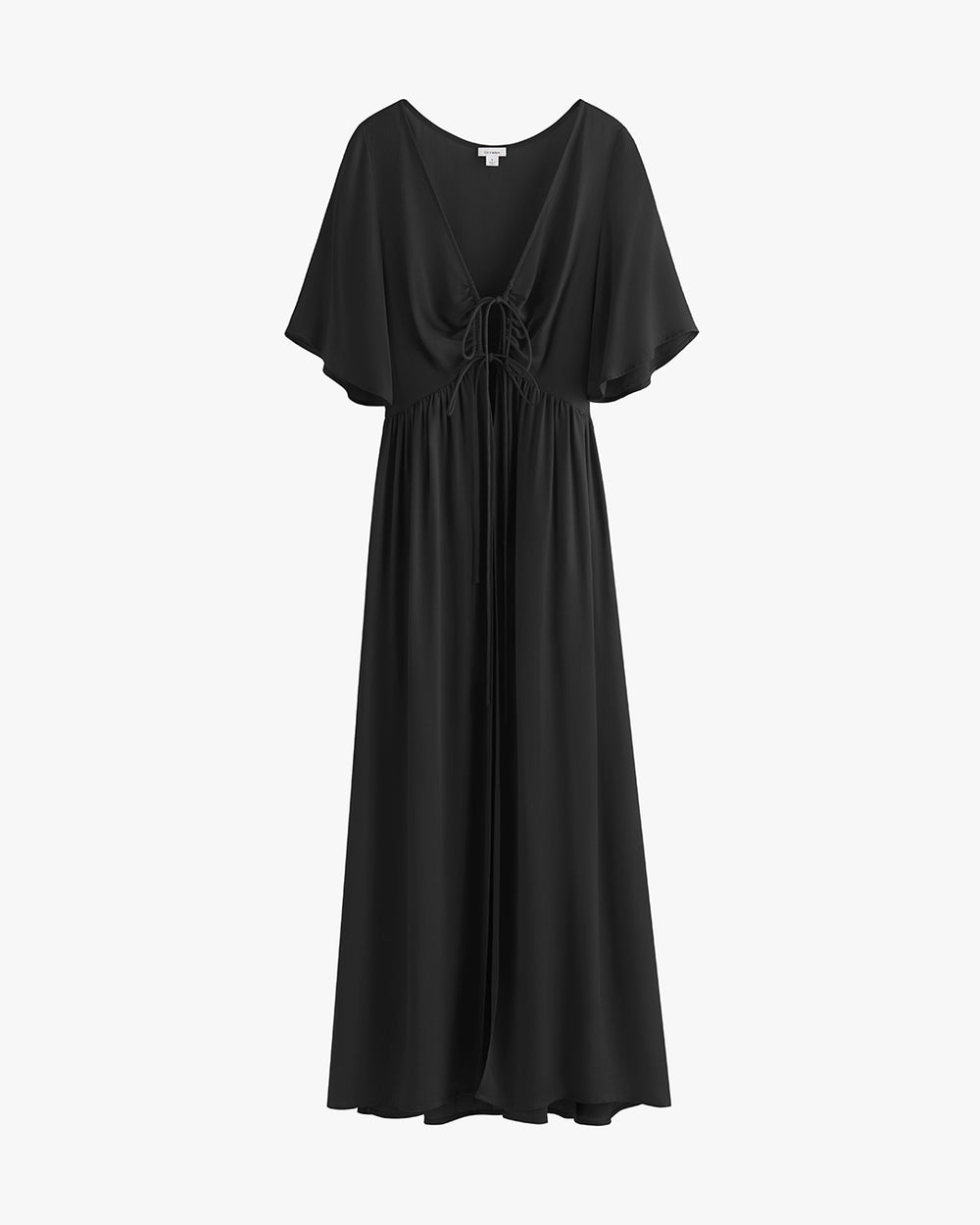 Long dress with short sleeves and a front tie detail.