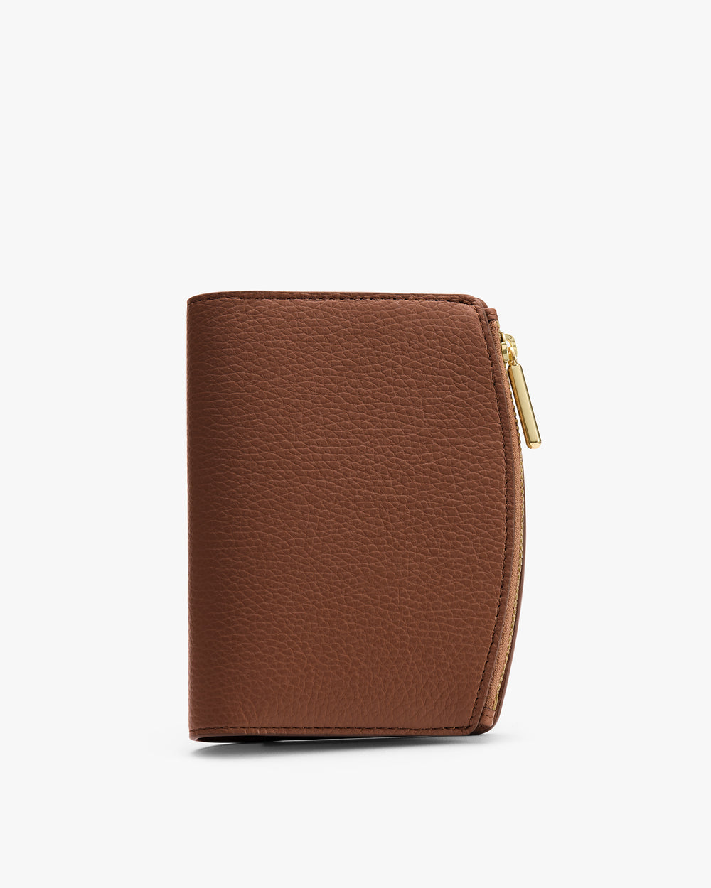 Wallet with a curved zipper on the side.