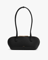 Long-handle handbag with zip closure and small brand logo on the front.