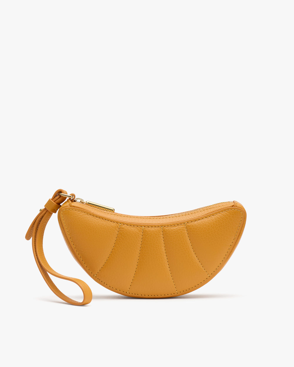 Semi-circle wristlet bag with zipper and wrist strap.