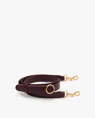 Leather bag strap with gold clips and circular accent