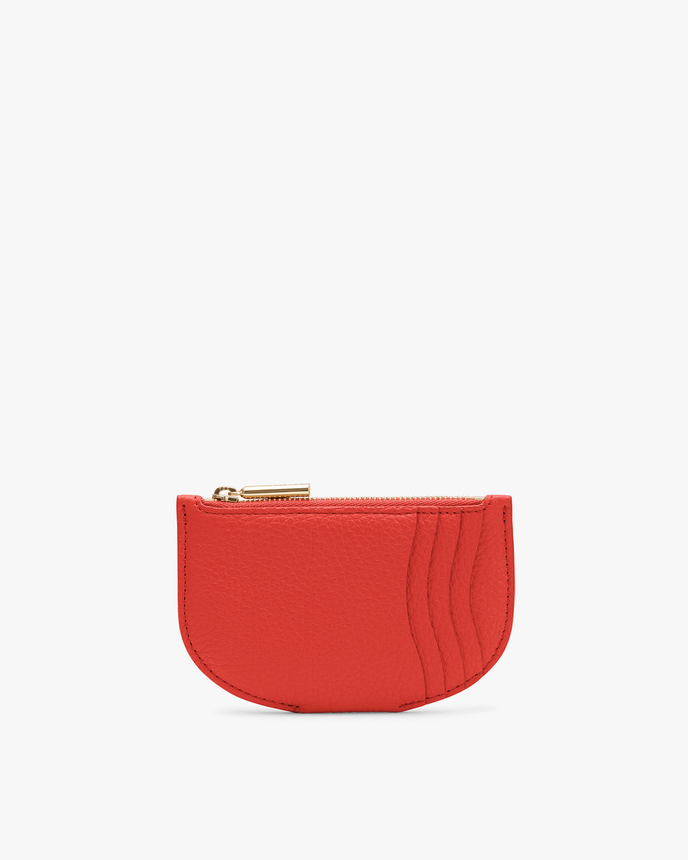 Small coin purse with zipper and curved edges.