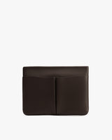 Rectangular clutch bag with two front pockets.