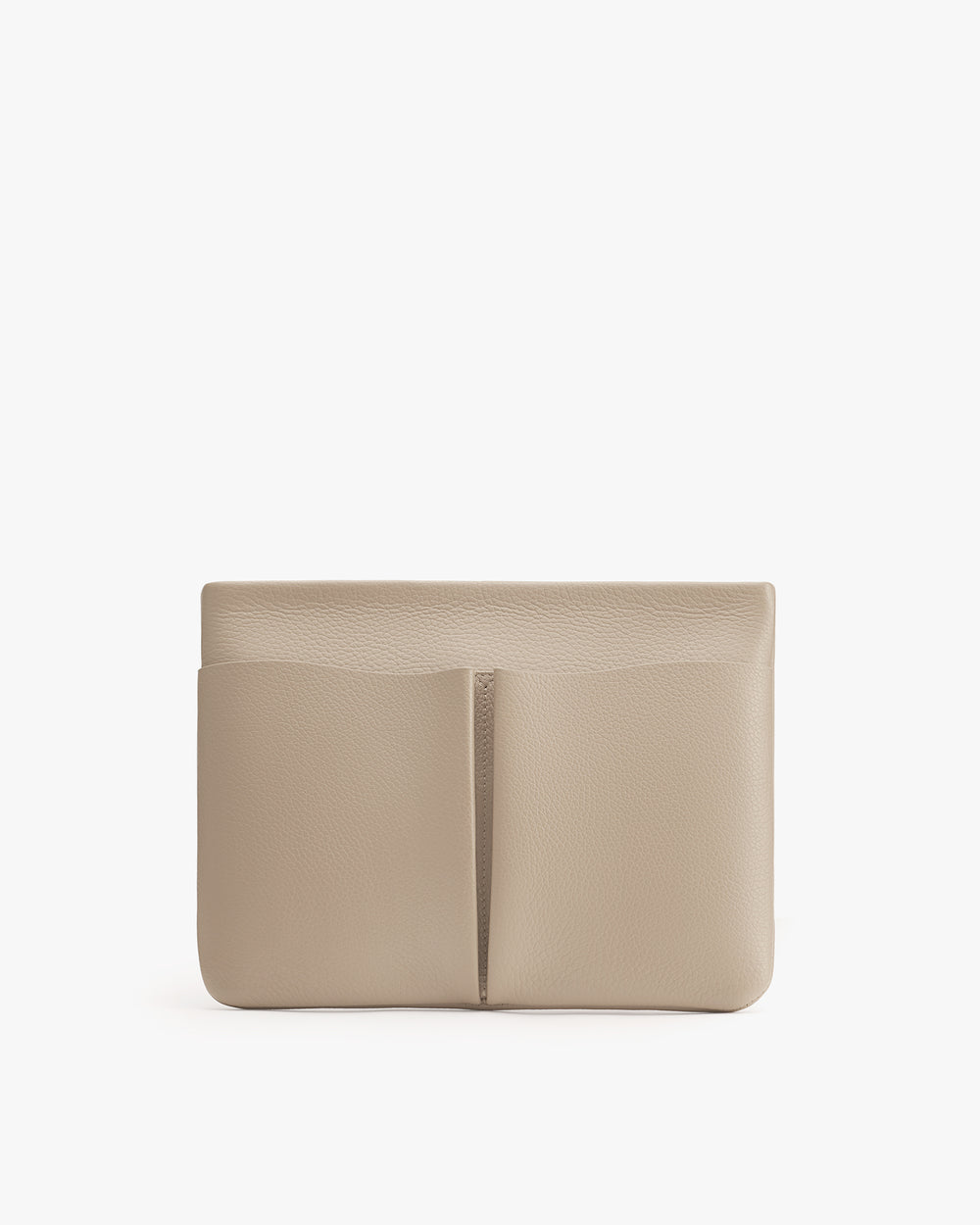 Rectangular clutch with a central seam and exterior pockets.