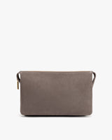 Rectangular clutch bag with side loops and a zipper on top.
