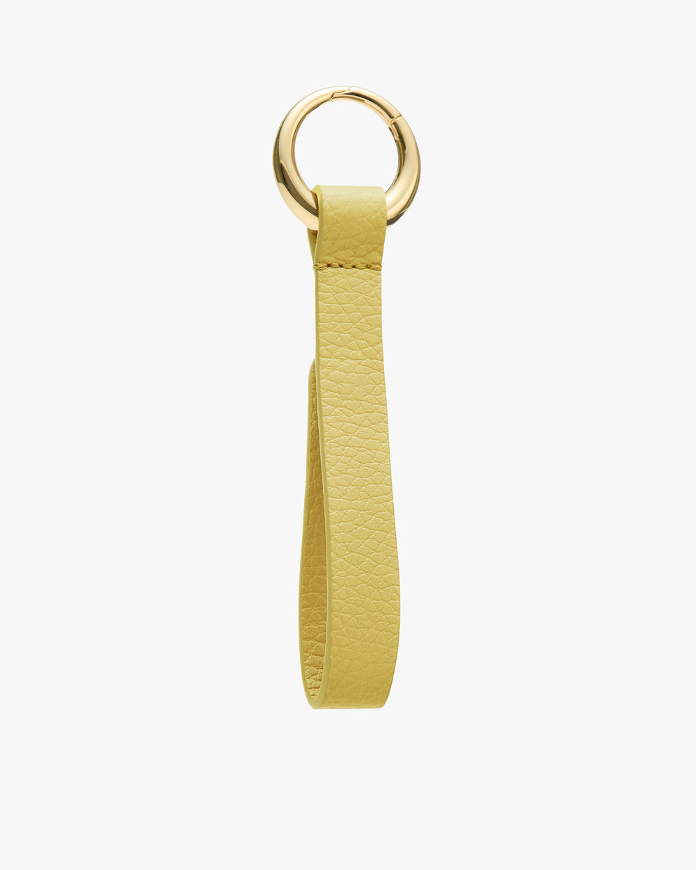 Keychain with a round metal ring and a textured strap.