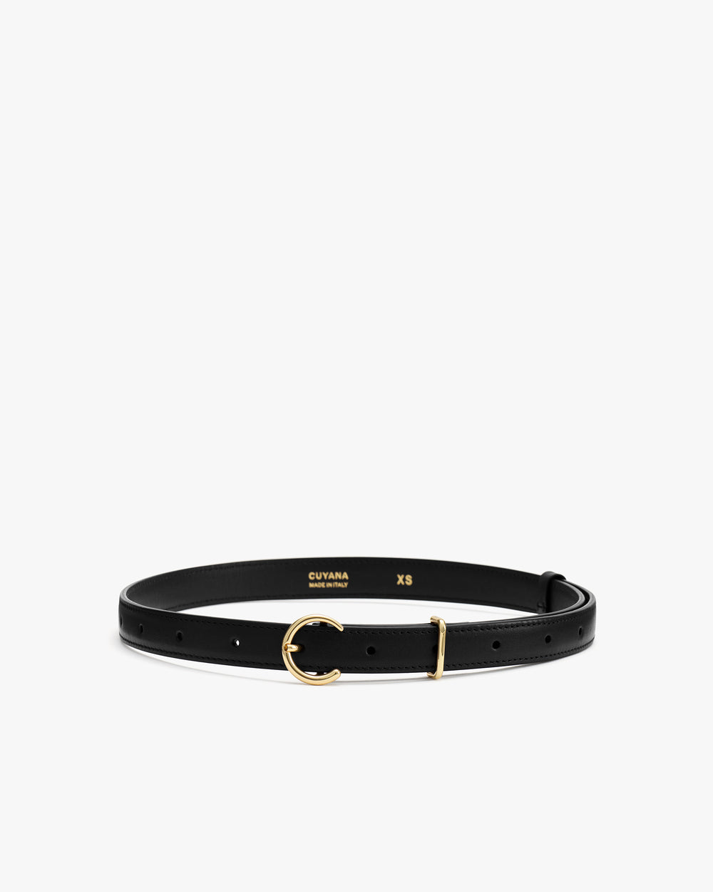 Thin belt with gold buckle on white background.