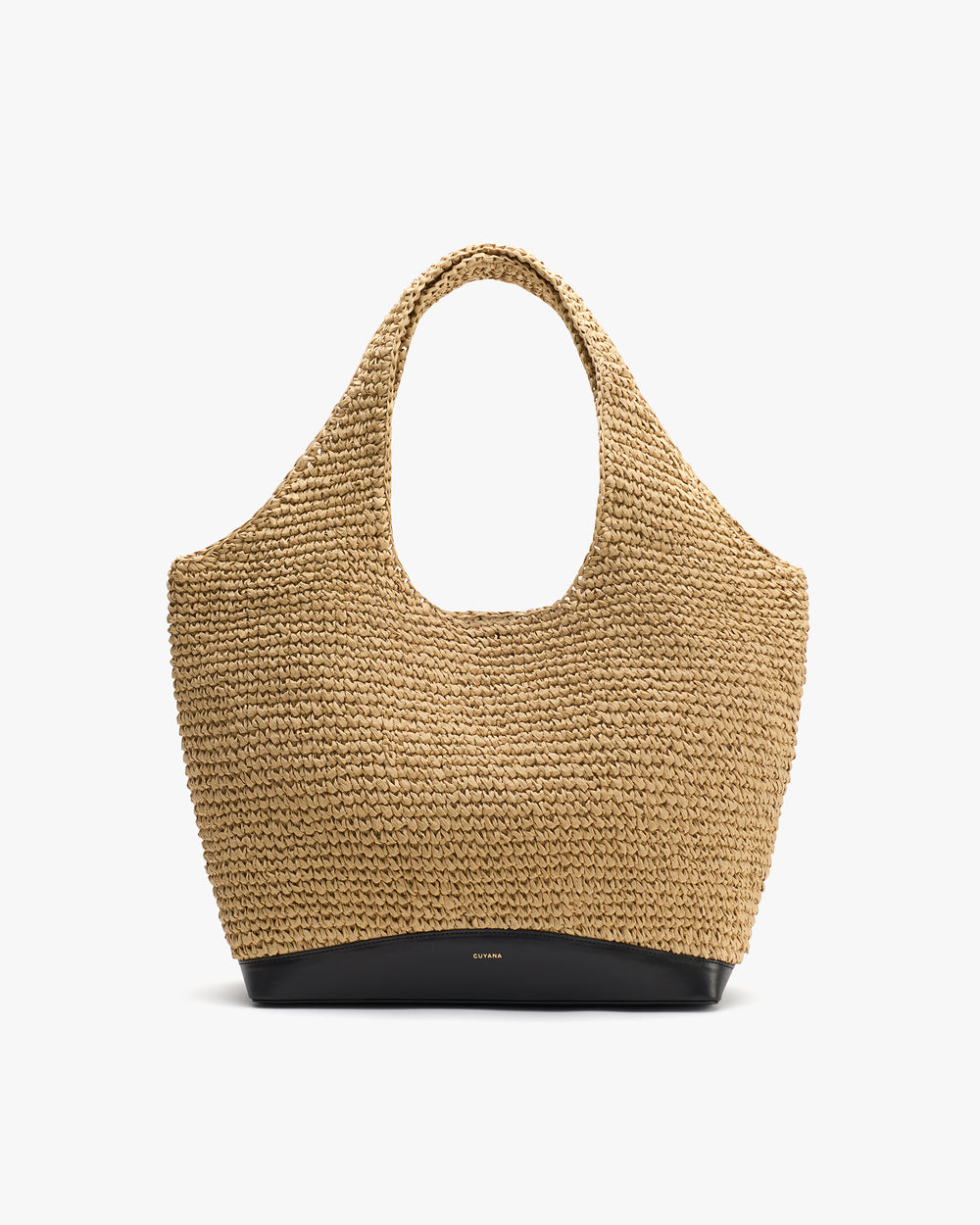 Woven handbag with rounded handles and black base.