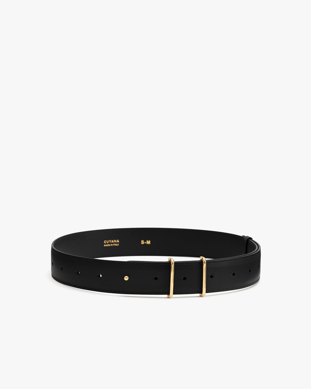 Leather belt with gold buckle on display.