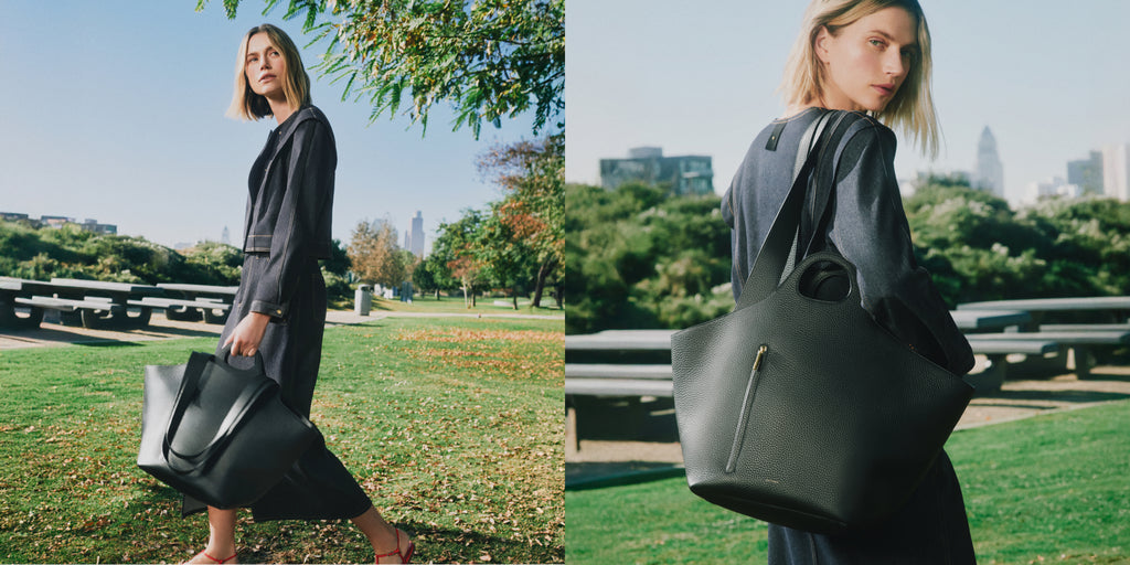 Two images of a person outdoors holding a large handbag.
