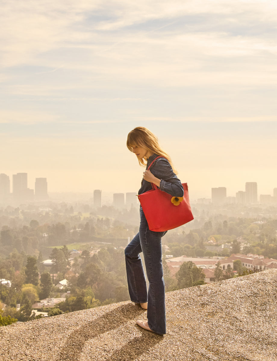 Person standing on a hill holding a large bag with a cityscape in the background.
