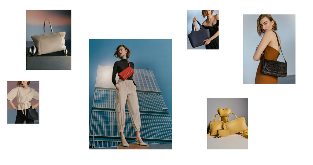 Collage of six images featuring a person and various handbags.