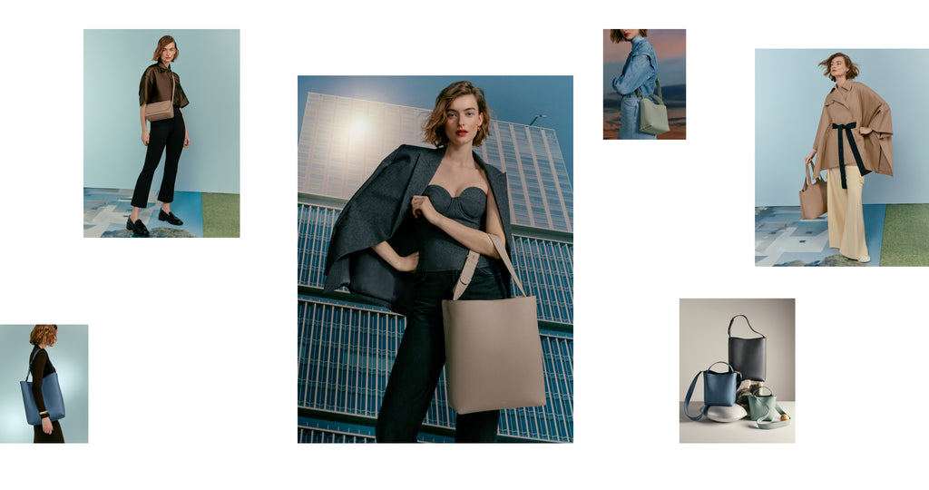 Collage of seven fashion images featuring different poses and outfits.