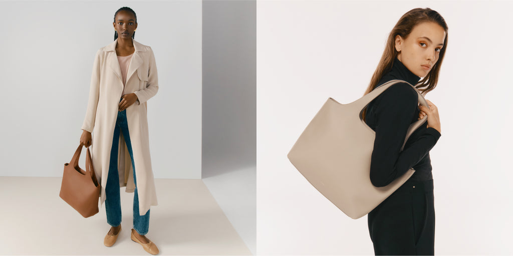 Two women posing separately, one standing with a handbag and the other with a large bag over her shoulder.