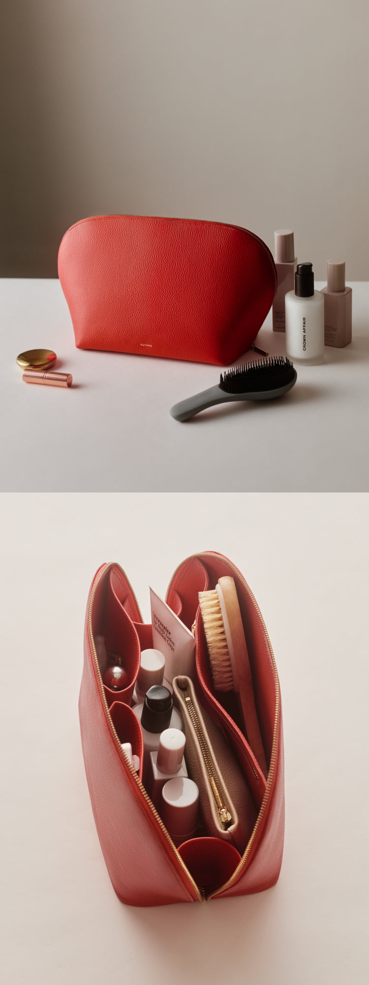 Makeup bag with beauty items and accessories on a surface.