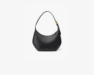 Handbag with curved shape and short strap.