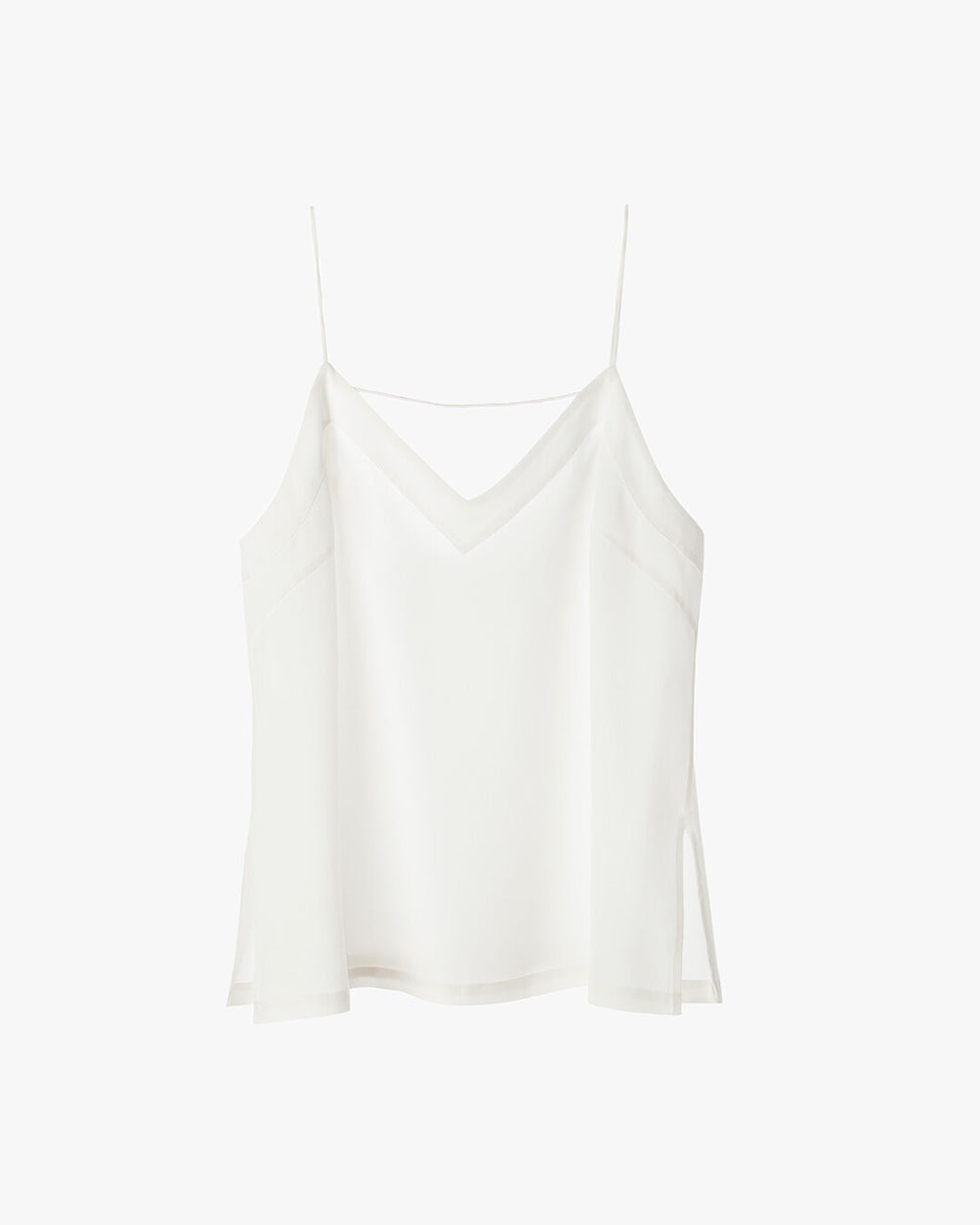 Sleeveless top with spaghetti straps and a V-neckline.