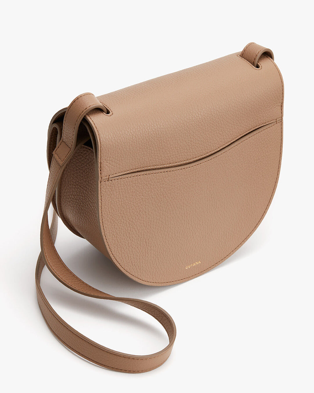 Leather shoulder bag with front flap and adjustable strap.