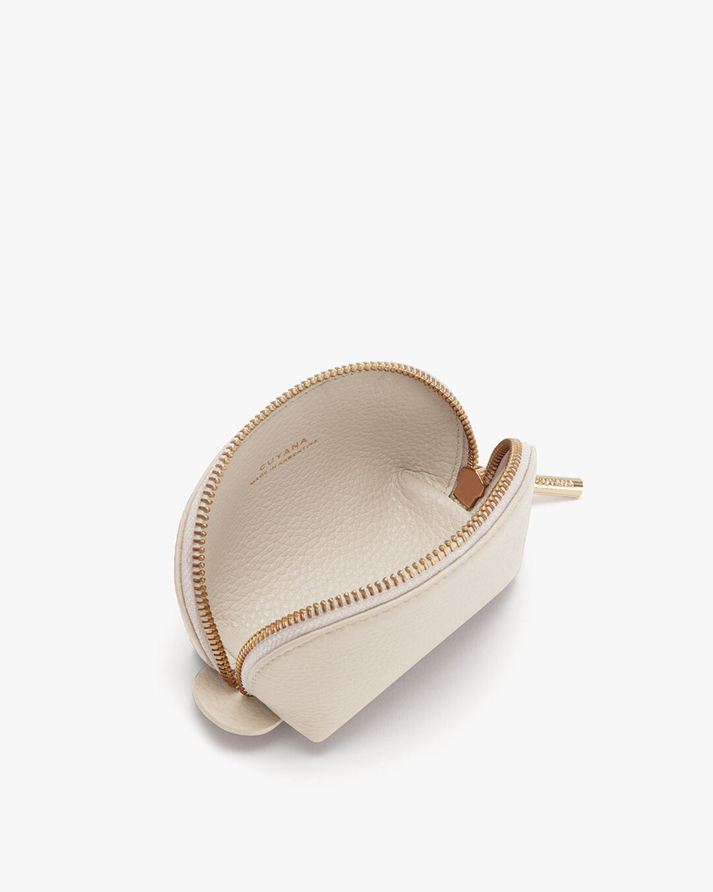 Leather coin purse with zipper, viewed from the side.