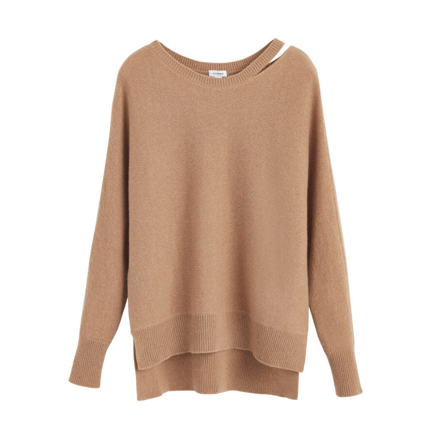 Long-sleeved crew neck sweater on plain background.